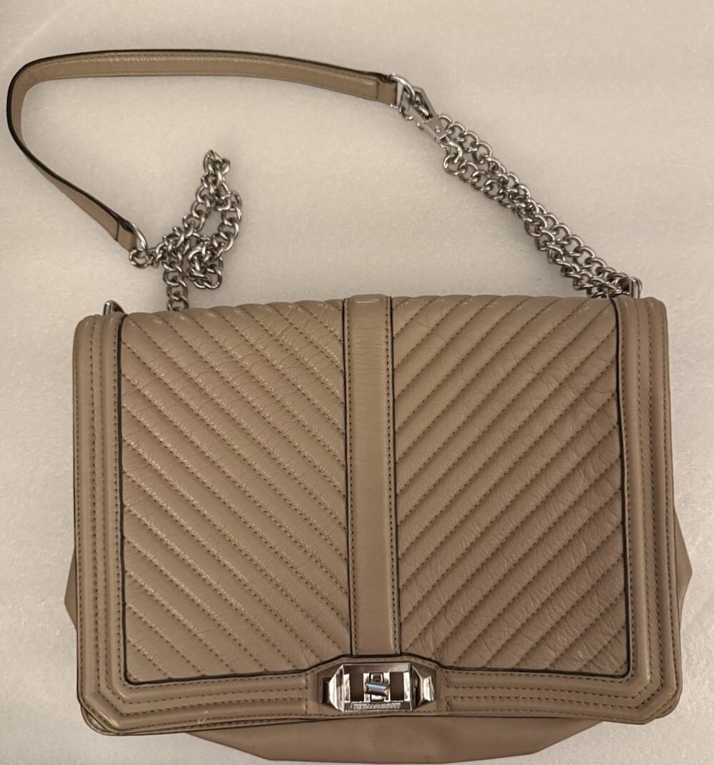 Rebecca Minkoff Chevron Jumbo Love Leather Bag Mink Beige Silver Chain